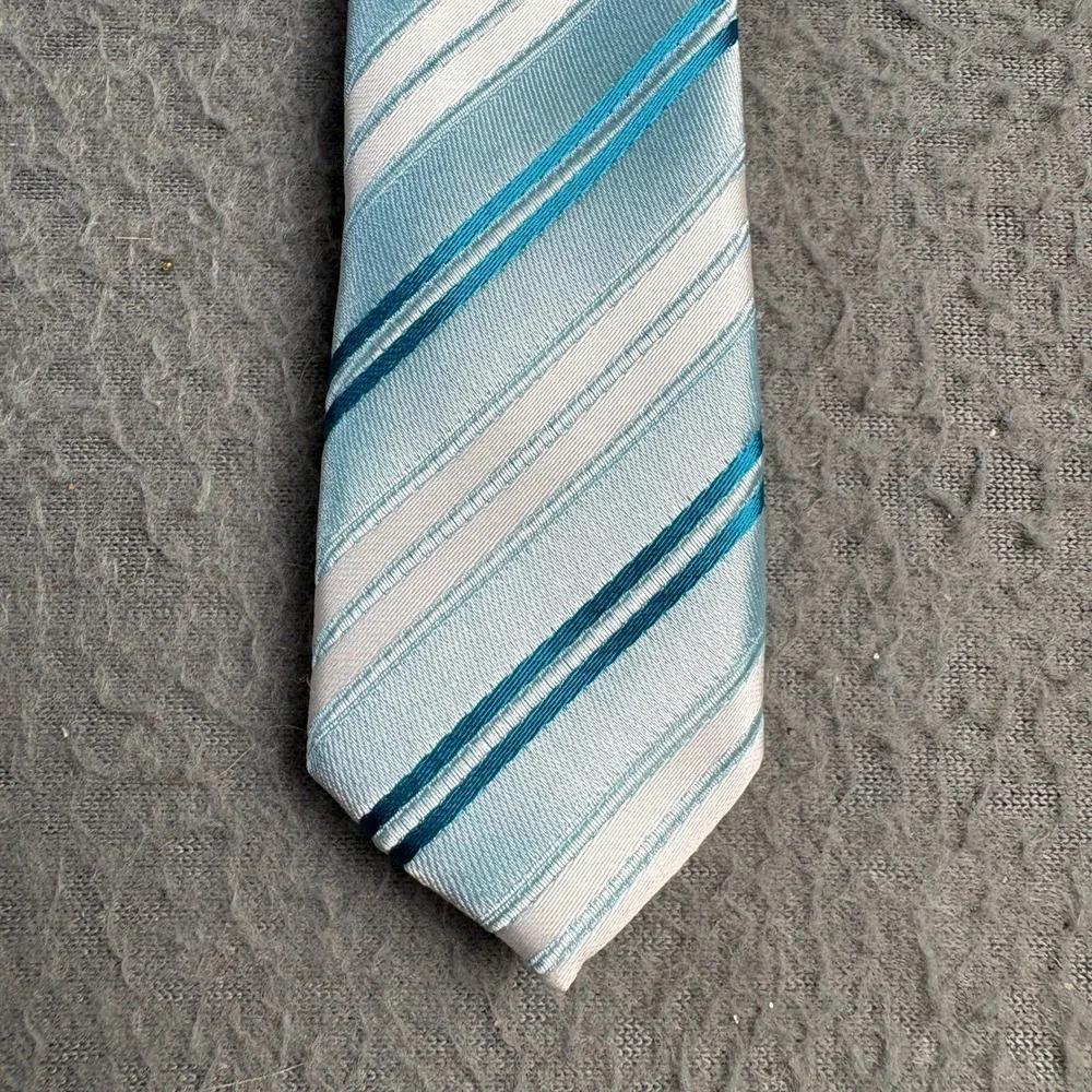 Stafford Essentials Mens Blue Teal White Diagonal Striped Polyester Necktie